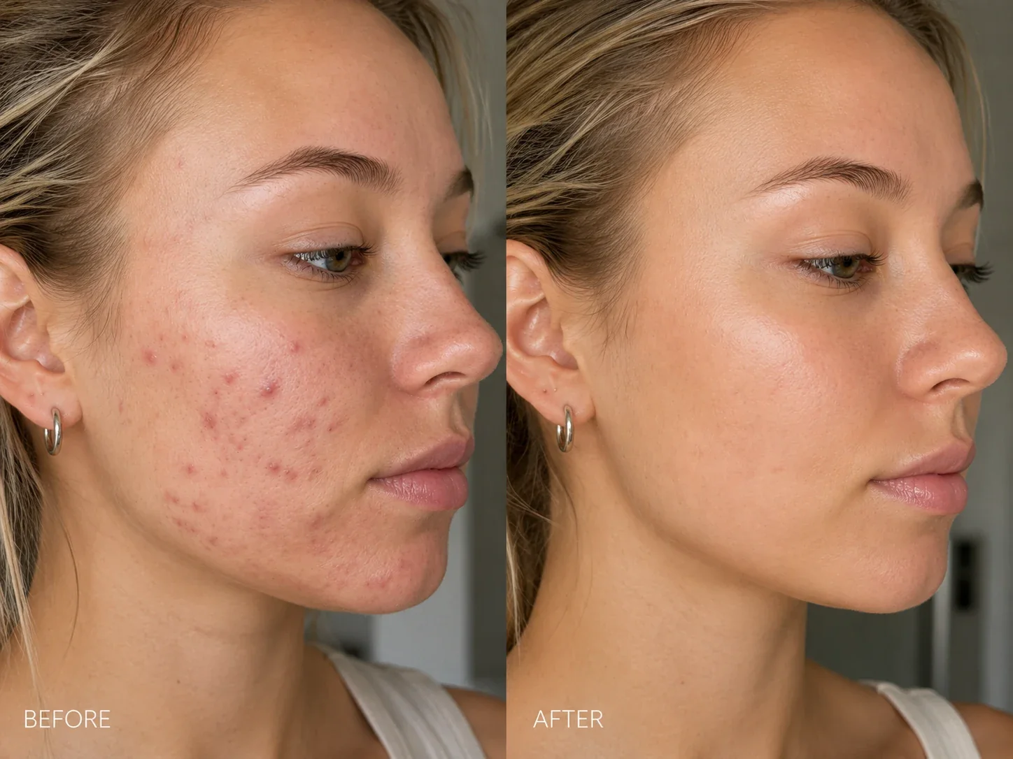 Side-by-side views of a cheek with different levels of visible blemishes.