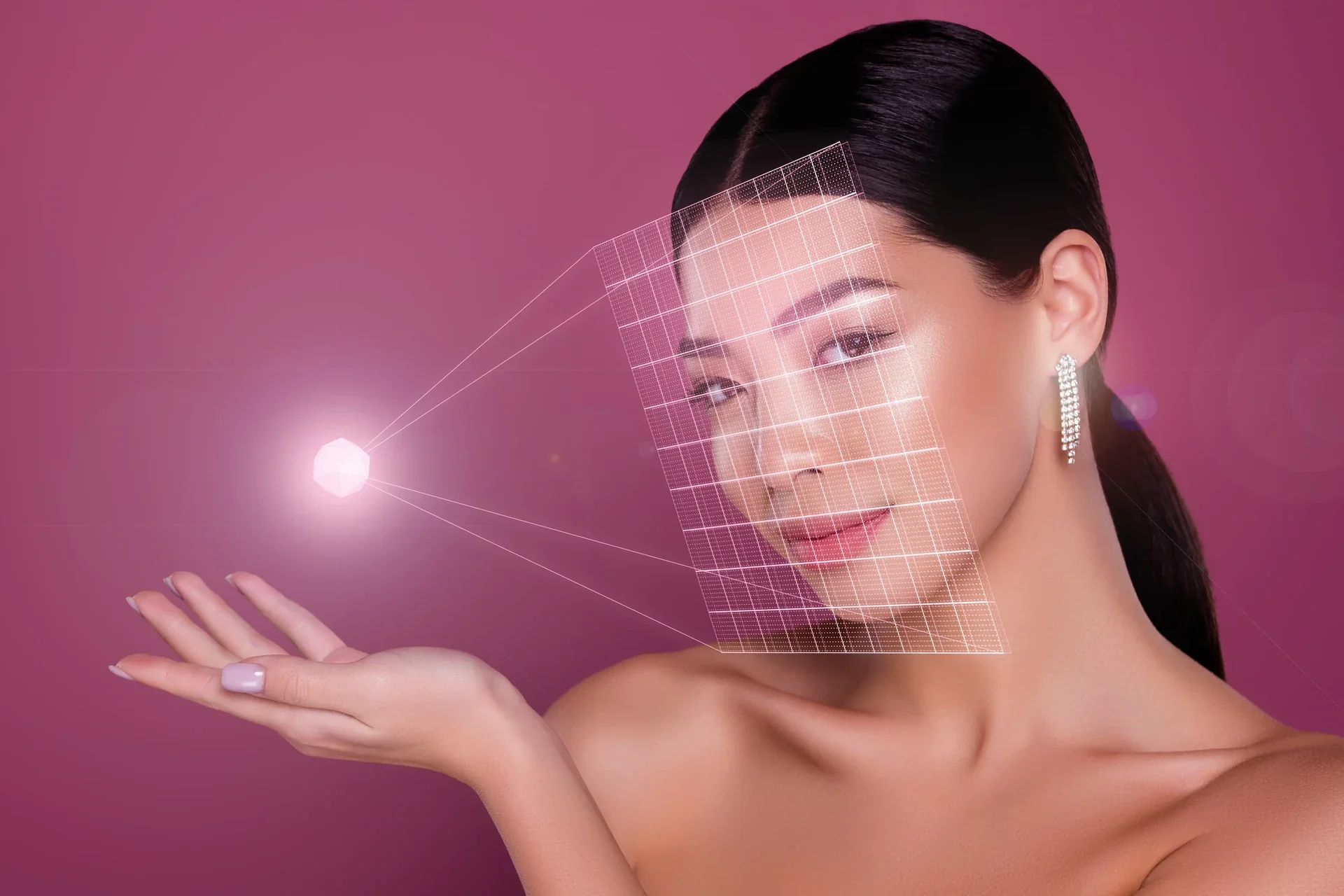 Illustration of a face with a digital skin-analysis grid.