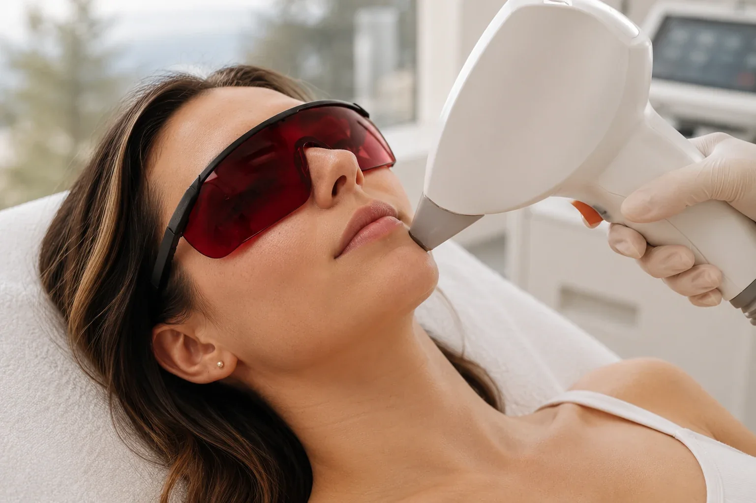 Practitioner holding a treatment device near a woman wearing protective eyewear.