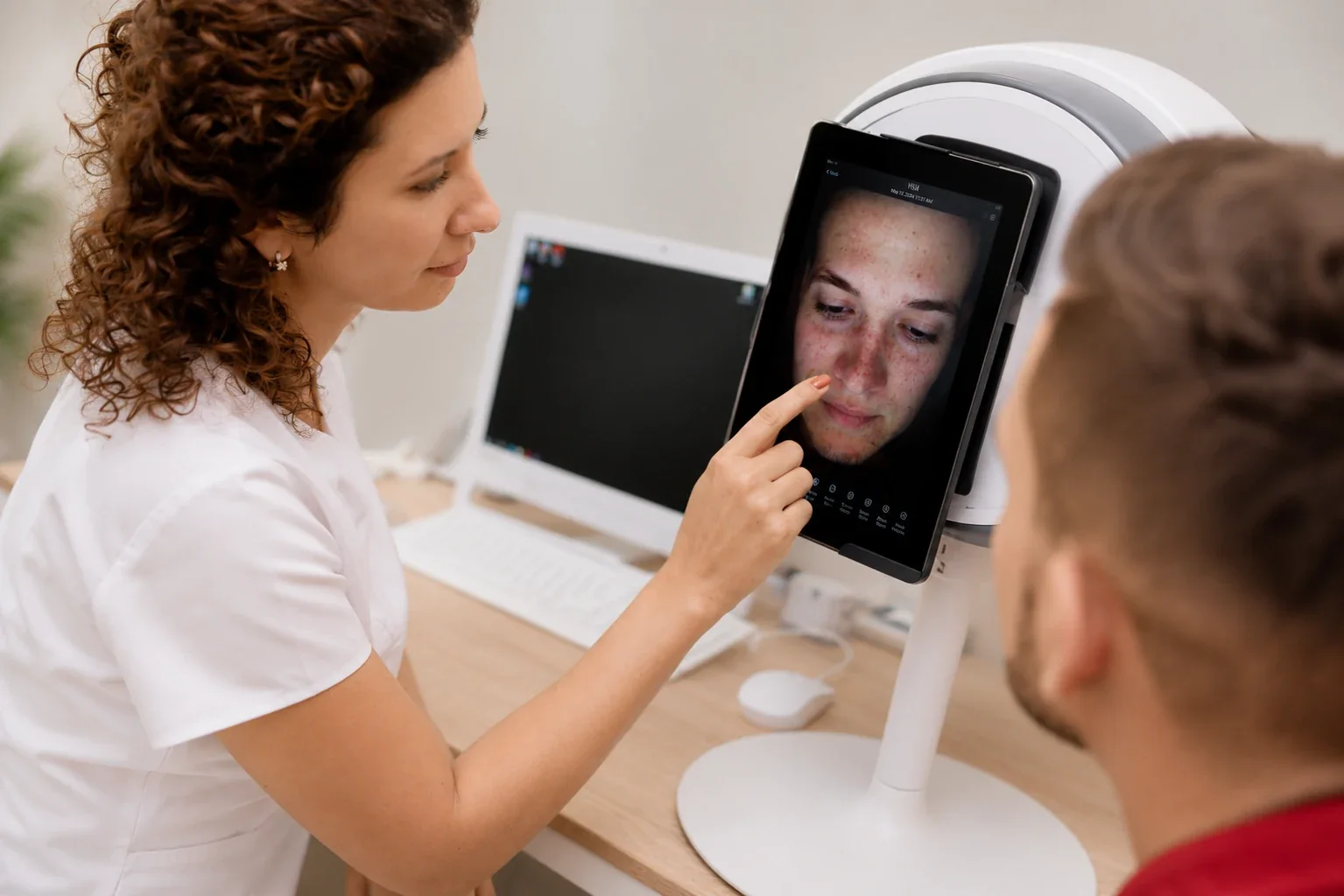 Practitioner reviewing a facial scan on a skin analysis device.
