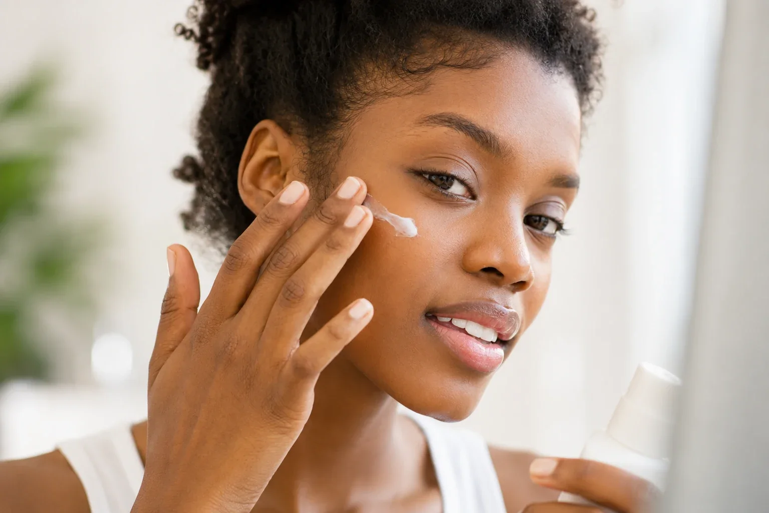 Woman applying cream to her cheek.