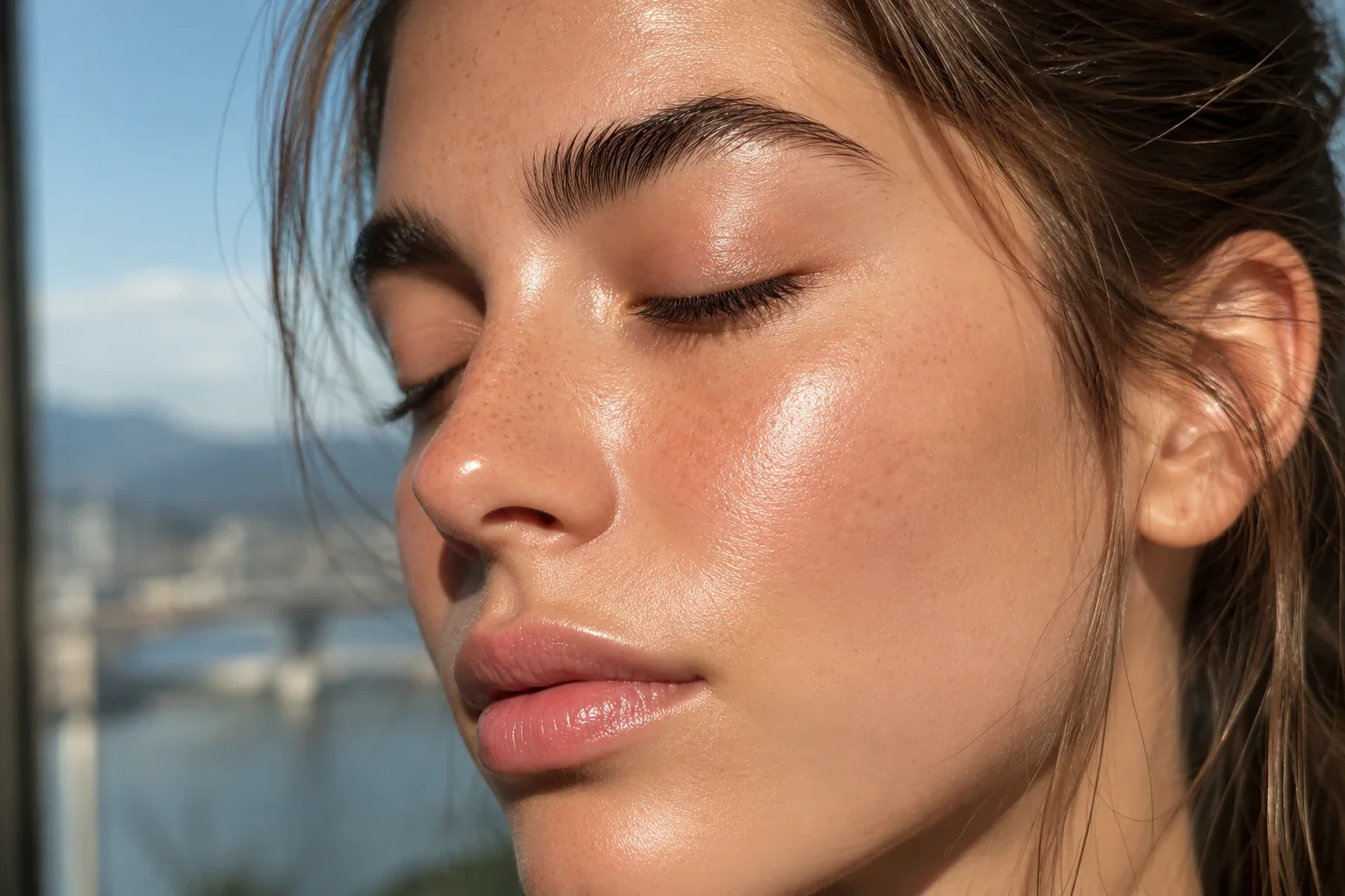 Close-up of a woman’s face in sunlight.