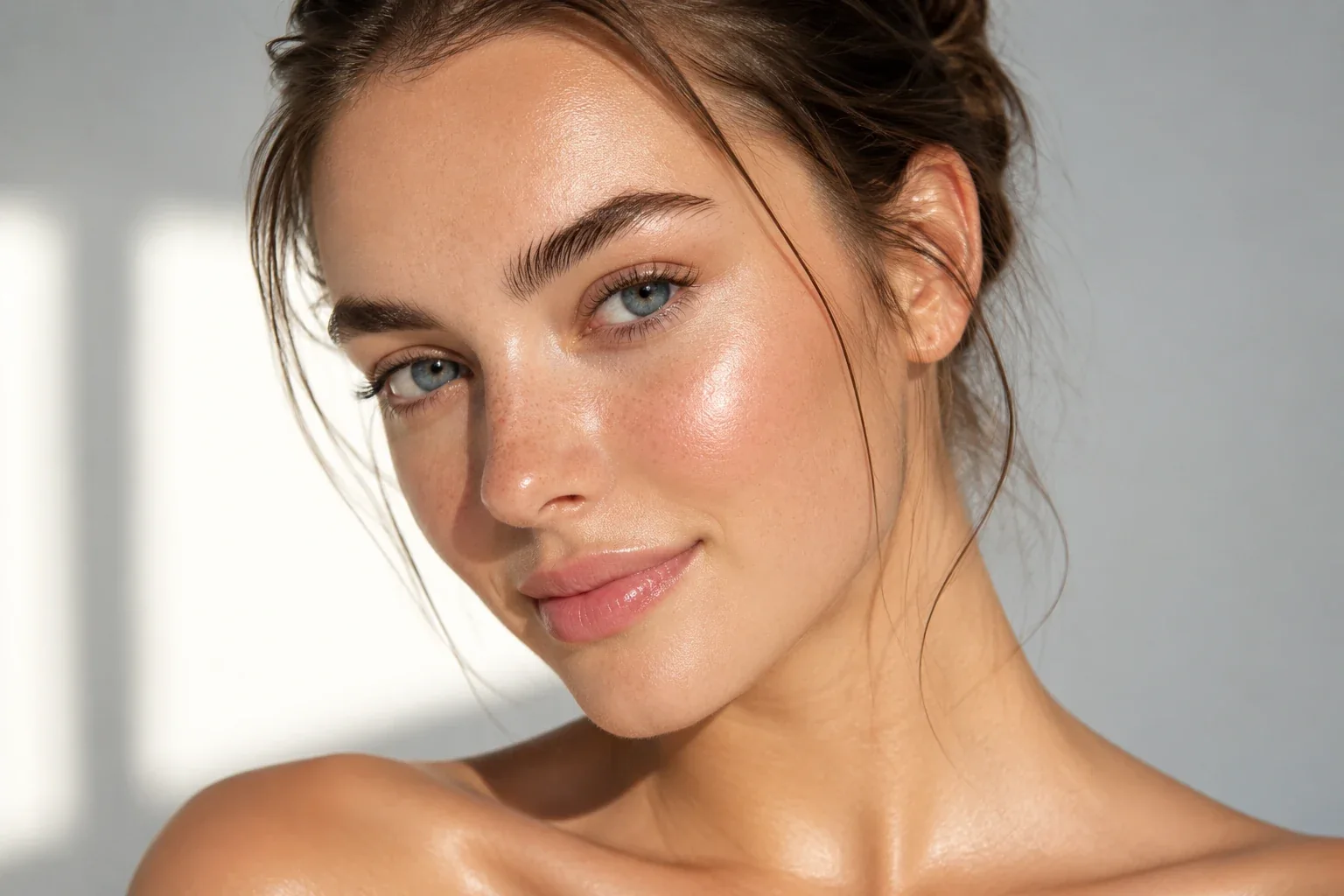 Woman with her hair tied back.