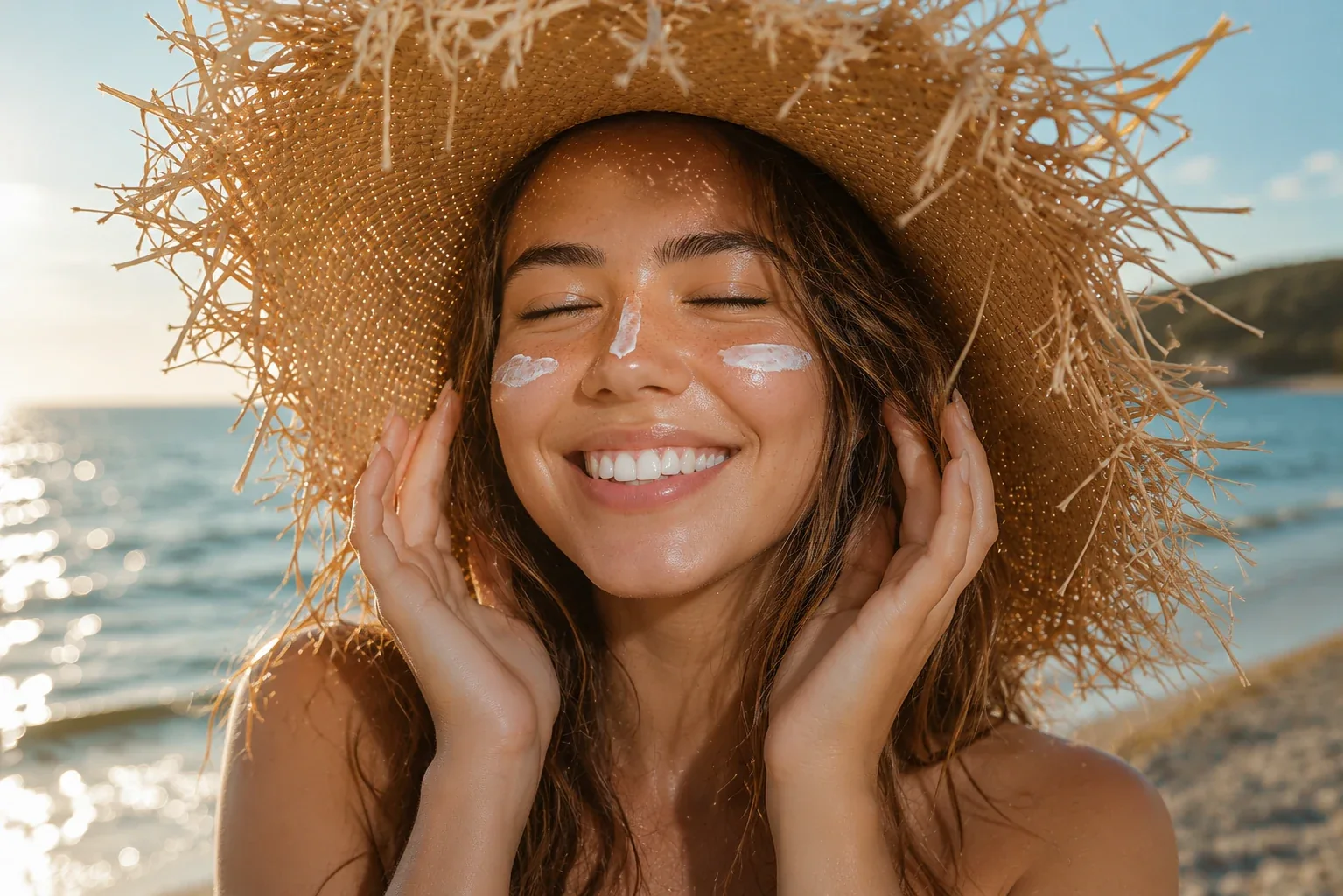 Woman wearing a sun hat with sunscreen on her cheeks.