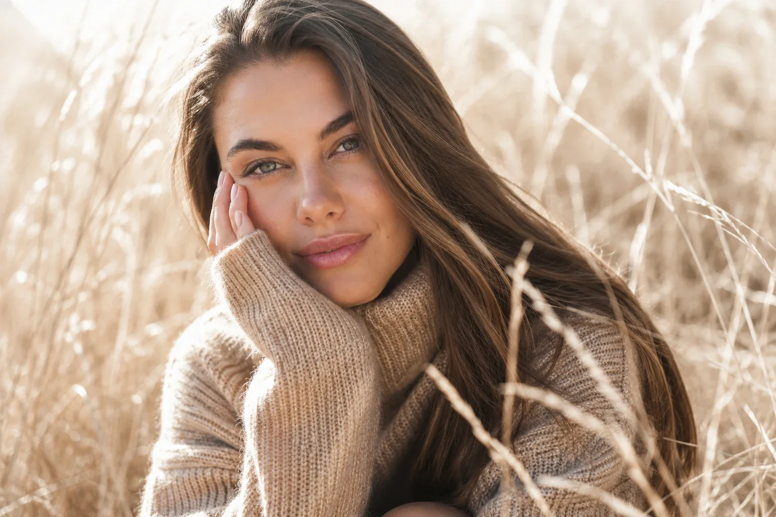Woman wearing a warm knitted scarf outdoors.
